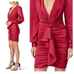 Patbo Burgundy Cascade Ruffle Mini V-neck Satin dress Sz Bz 40 US 8